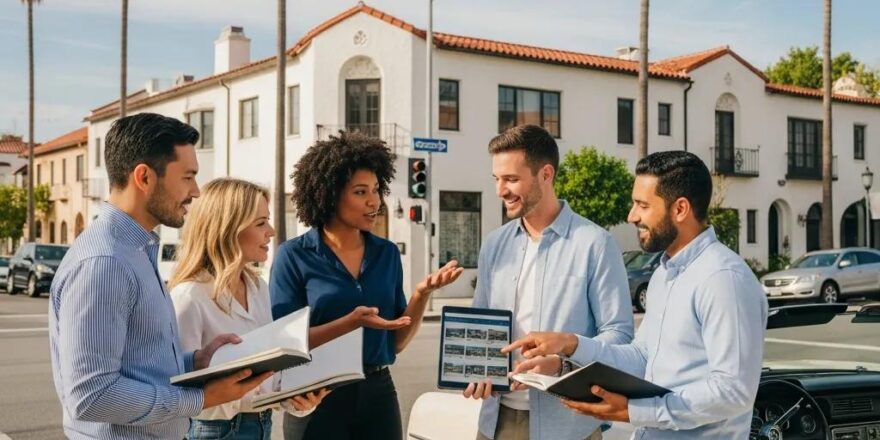 Diverse group discussing real estate in a sunny Los Angeles neighborhood