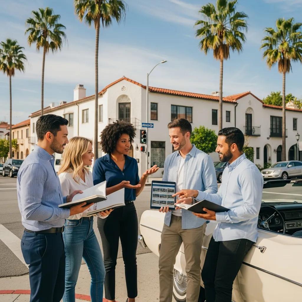 Diverse group discussing real estate in a sunny Los Angeles neighborhood