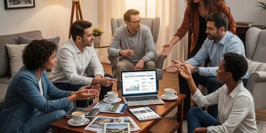 Diverse group discussing real estate investment strategies in a cozy living room