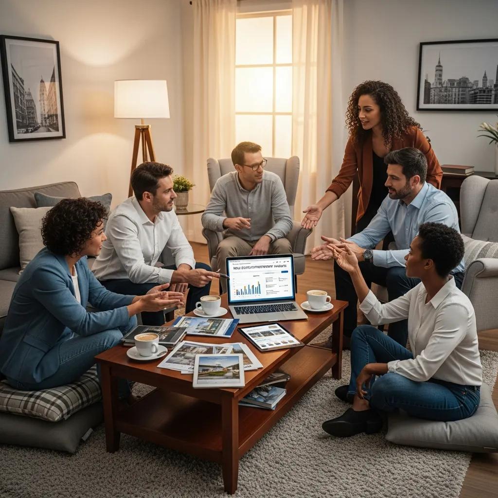 Diverse group discussing real estate investment strategies in a cozy living room