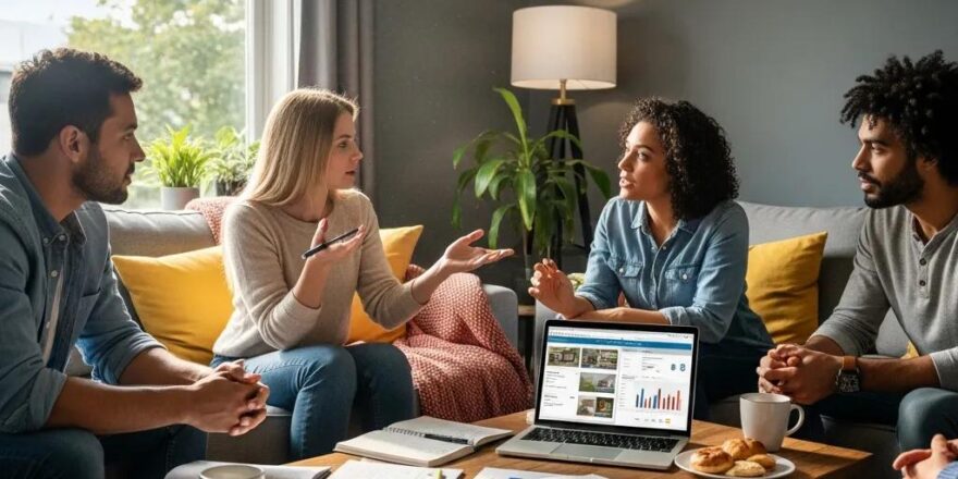 Diverse group discussing real estate investment strategies in a cozy living room