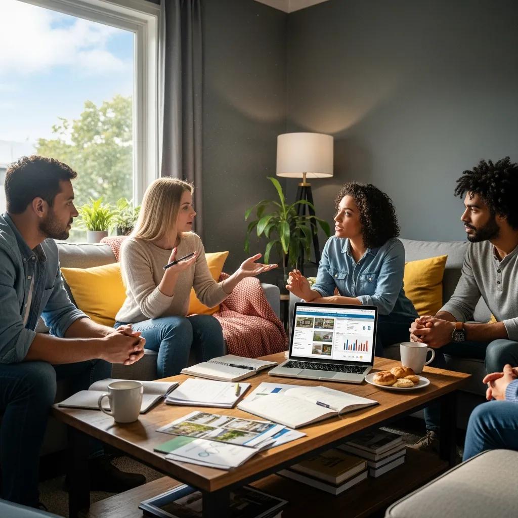Diverse group discussing real estate investment strategies in a cozy living room