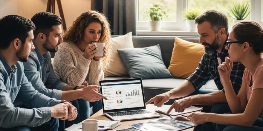 Diverse group discussing real estate investment strategies in a cozy living room