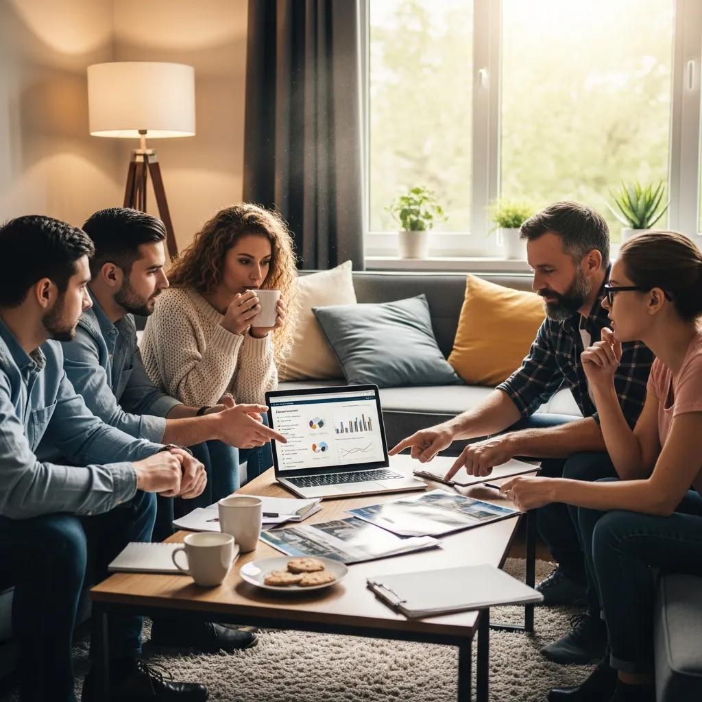 Diverse group discussing real estate investment strategies in a cozy living room