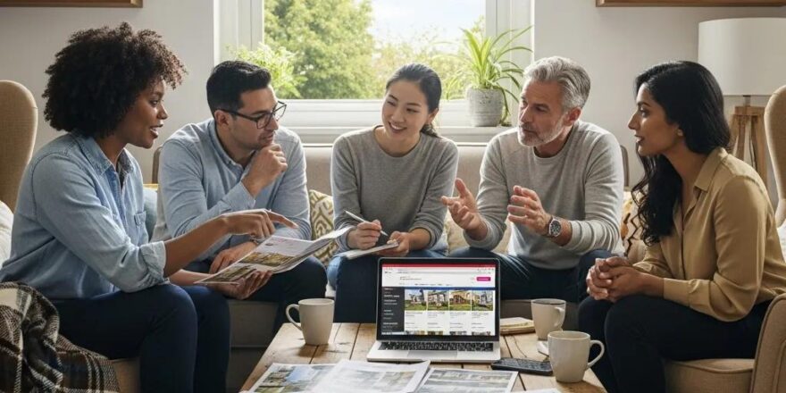 Diverse group discussing real estate investment strategies in a cozy living room