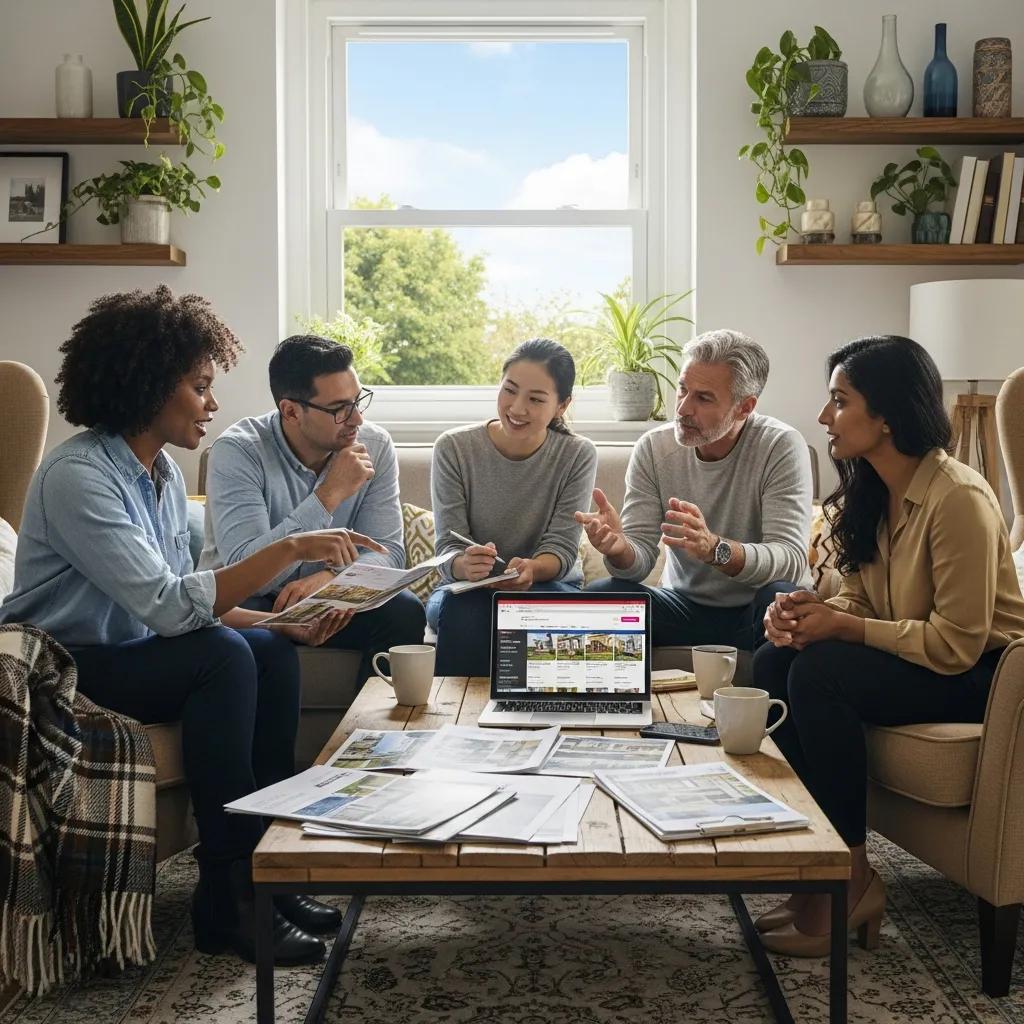 Diverse group discussing real estate investment strategies in a cozy living room