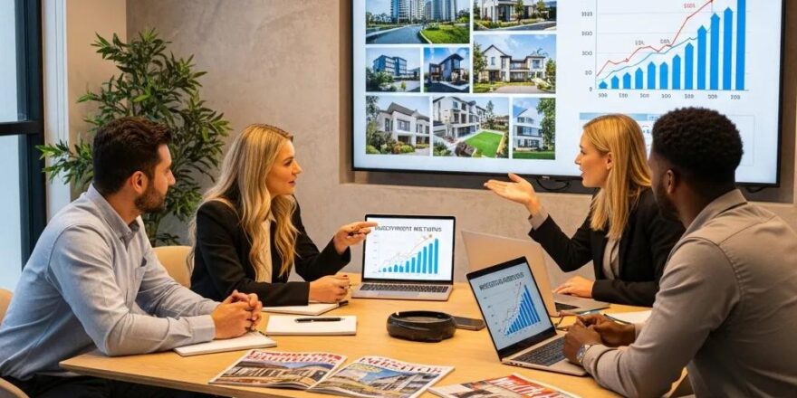 Diverse group discussing real estate investment strategies in a modern office