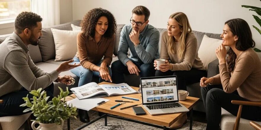 Diverse group discussing real estate investments in a cozy living room