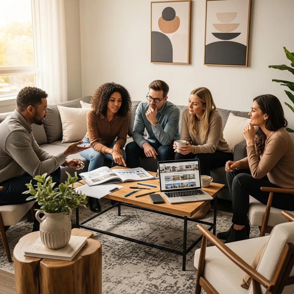 Diverse group discussing real estate investments in a cozy living room