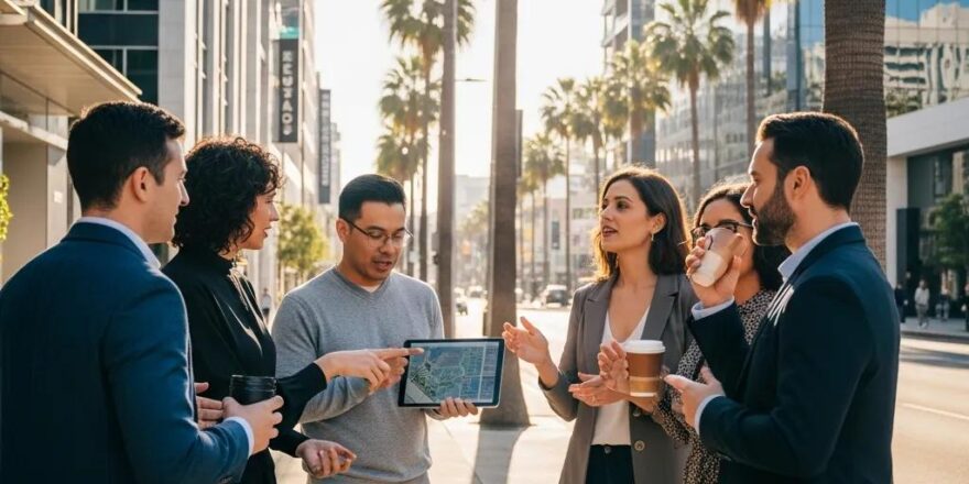 Diverse group discussing real estate investments in a sunny Los Angeles neighborhood