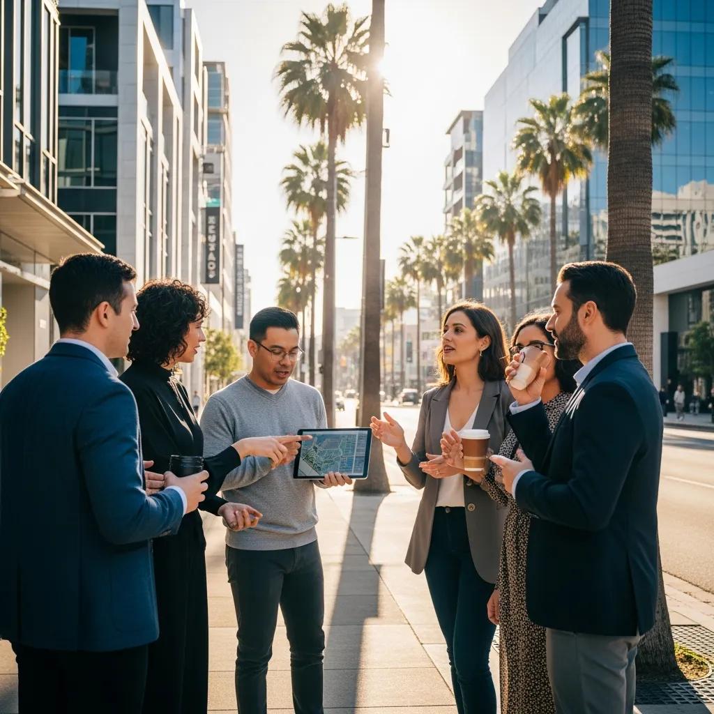 Diverse group discussing real estate investments in a sunny Los Angeles neighborhood