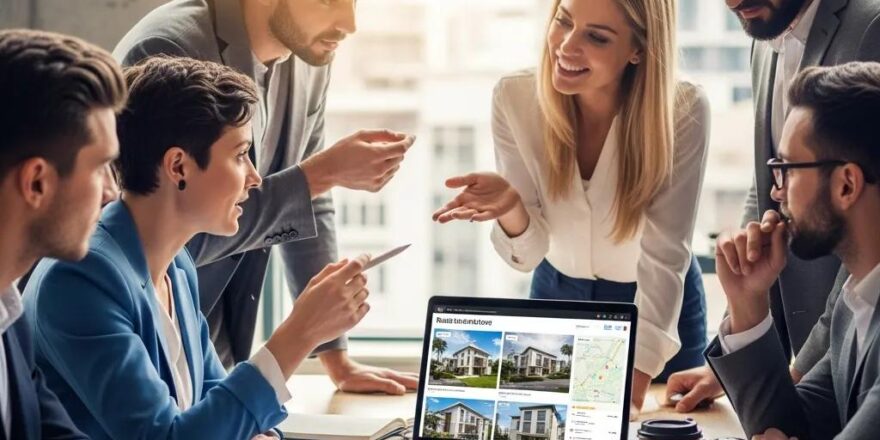 Diverse group discussing real estate opportunities in a modern office