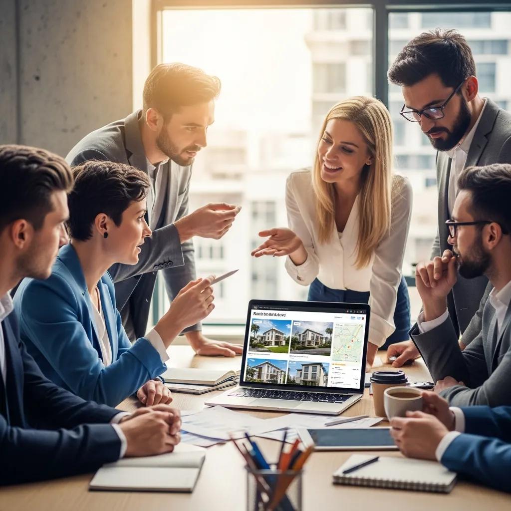 Diverse group discussing real estate opportunities in a modern office