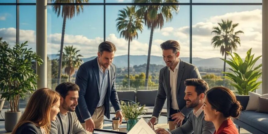 Diverse group of international investors discussing hard money loans in a sunny California setting