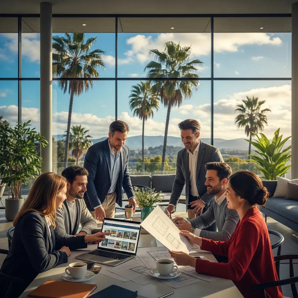 Diverse group of international investors discussing hard money loans in a sunny California setting