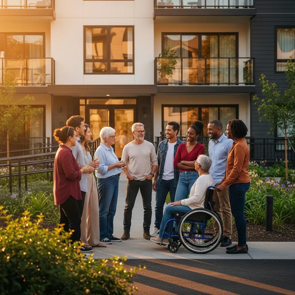 Diverse group of people in front of an apartment building representing fair housing and inclusivity