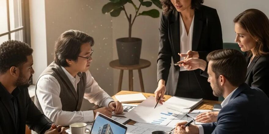Diverse group of real estate investors collaborating in a cozy office setting