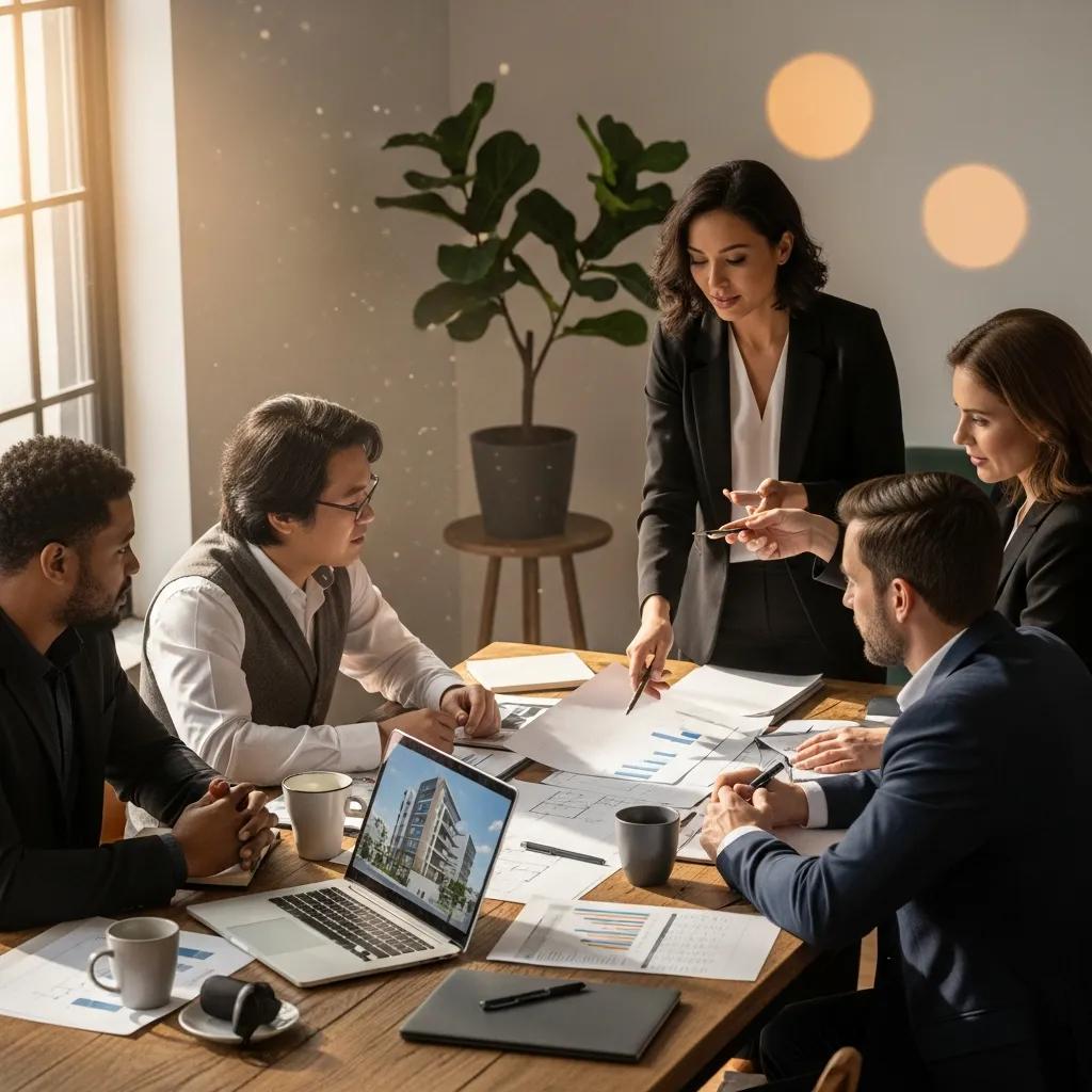 Diverse group of real estate investors collaborating in a cozy office setting