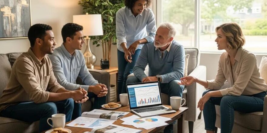 Diverse group of real estate investors discussing property options in a cozy living room