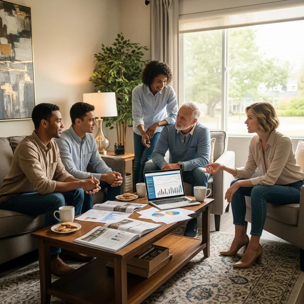Diverse group of real estate investors discussing property options in a cozy living room