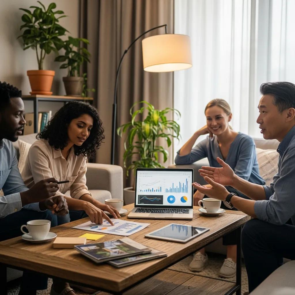Diverse group of real estate investors discussing tax benefits in a cozy living room