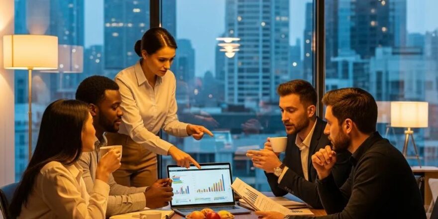 Diverse real estate investors collaborating in a modern office, discussing global economic trends