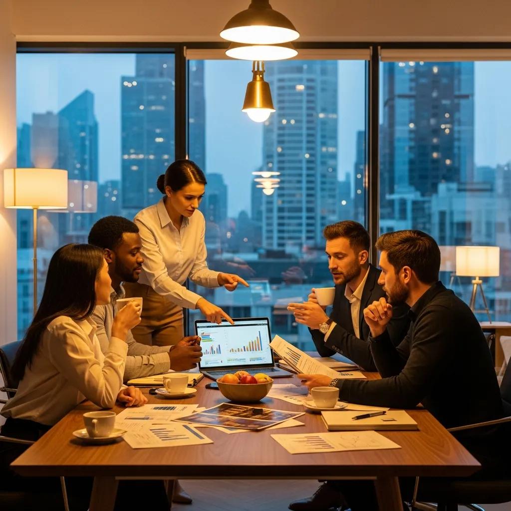Diverse real estate investors collaborating in a modern office, discussing global economic trends