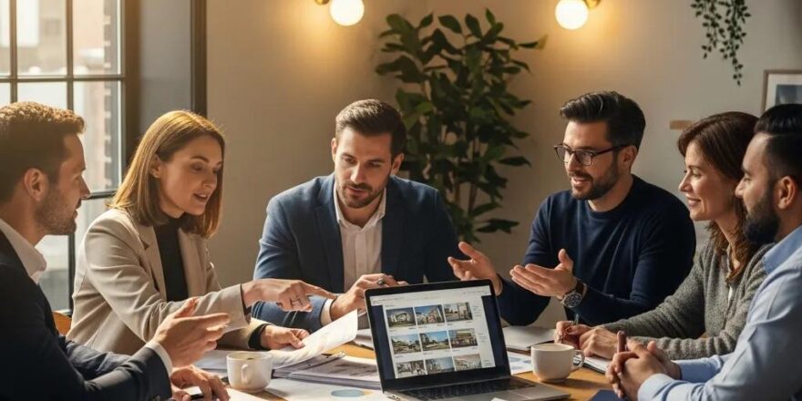 Diverse real estate investors collaborating in a modern office, discussing property investments