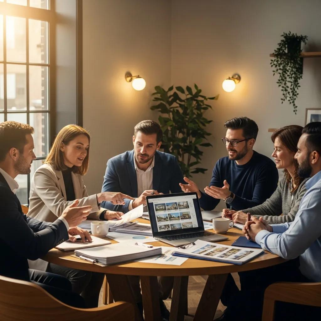 Diverse real estate investors collaborating in a modern office, discussing property investments