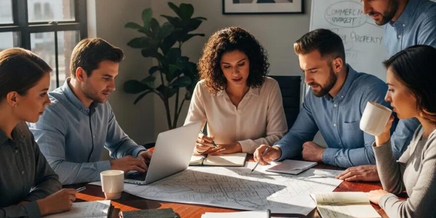 Diverse real estate investors collaborating on financing strategies for commercial properties