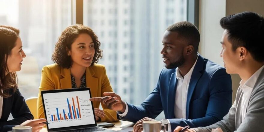 Diverse real estate investors collaborating on property financing in a modern office