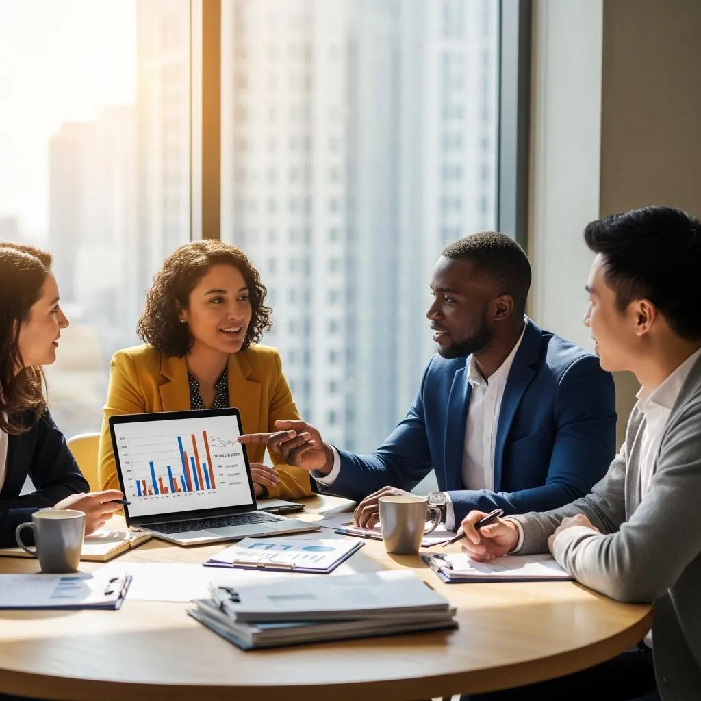 Diverse real estate investors collaborating on property financing in a modern office