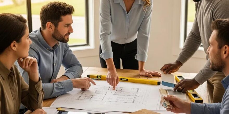 Diverse real estate investors collaborating on renovation plans in a cozy setting