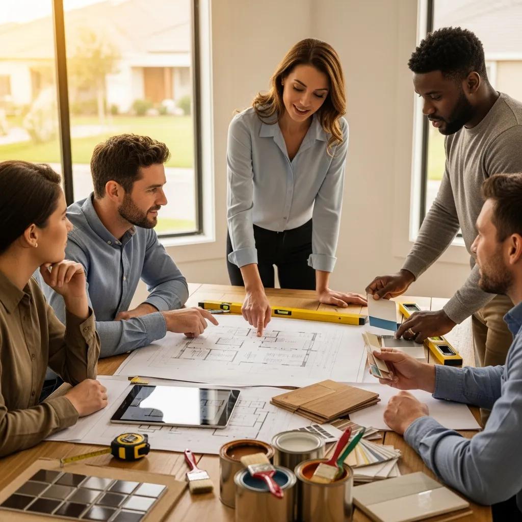 Diverse real estate investors collaborating on renovation plans in a cozy setting