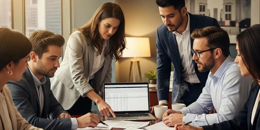 Diverse real estate investors collaborating over legal documents in a modern office