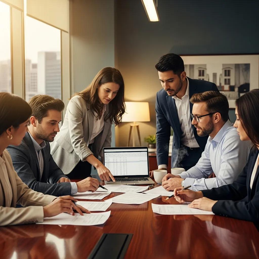 Diverse real estate investors collaborating over legal documents in a modern office