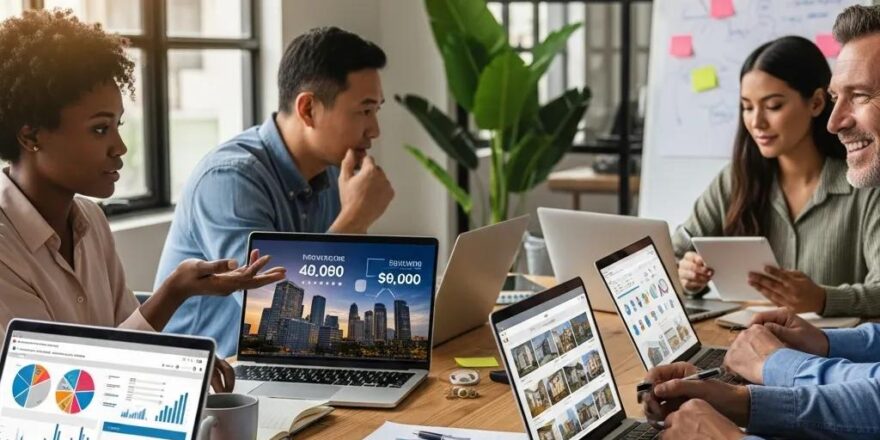 Diverse real estate investors collaborating with data analytics tools in a modern office
