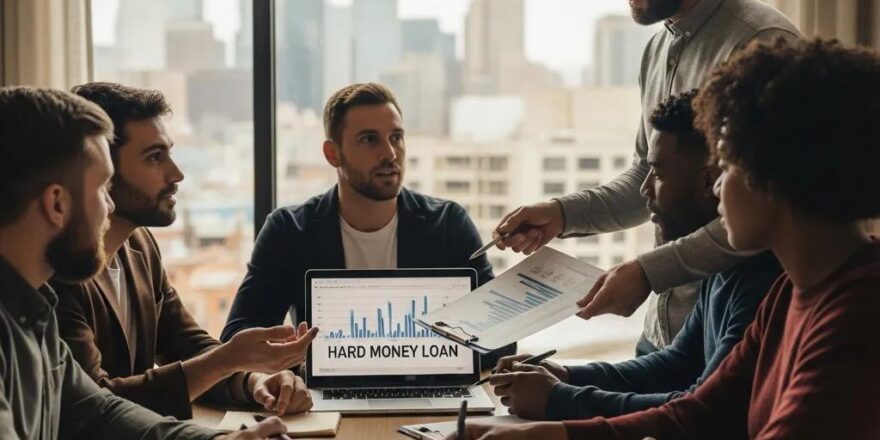 Diverse real estate investors discussing hard money loans in a modern office