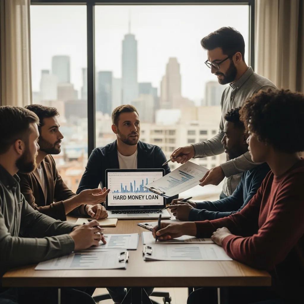 Diverse real estate investors discussing hard money loans in a modern office