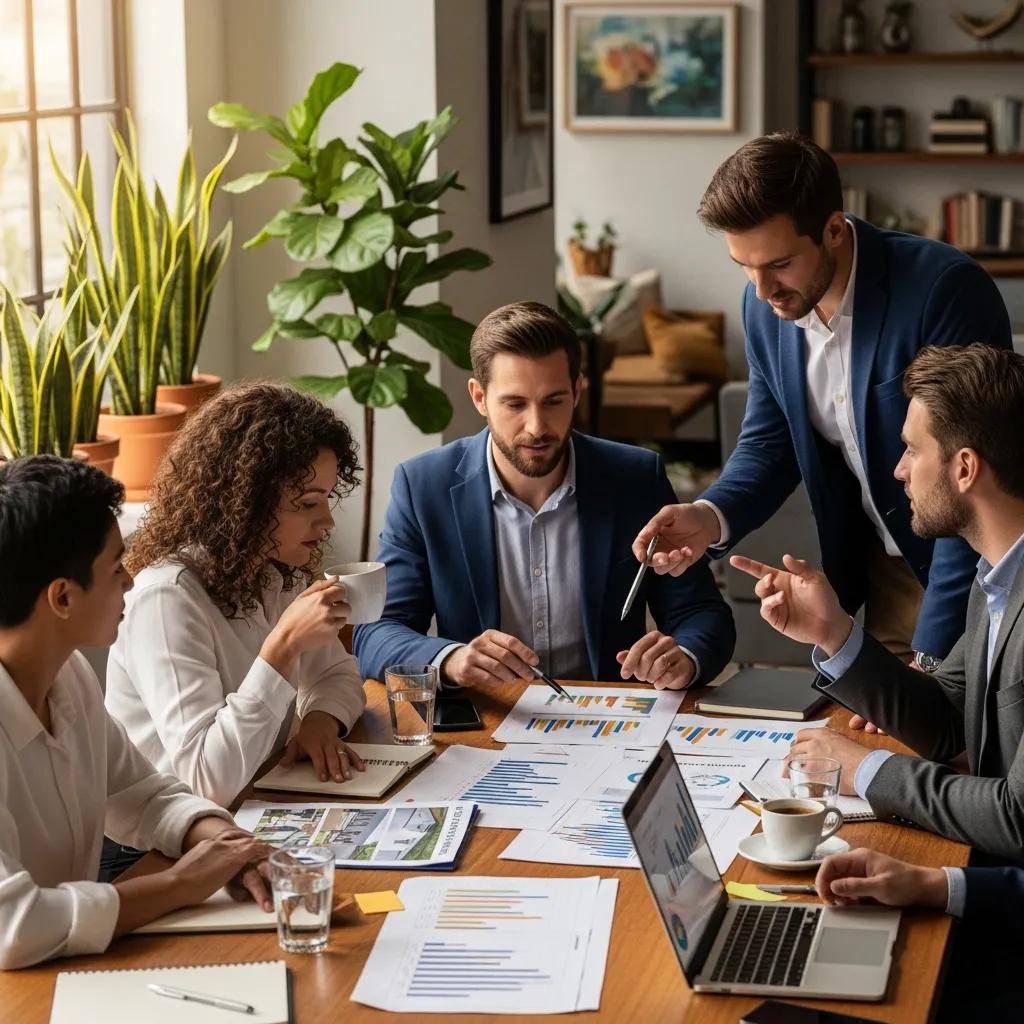 Diverse real estate investors discussing market analysis in a cozy office setting