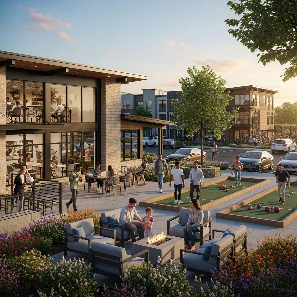 Residents enjoying shared amenities in a build-to-rent neighborhood