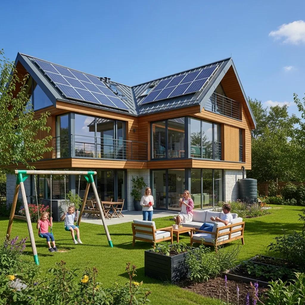 Eco-friendly home with solar panels and greenery representing sustainable real estate investing