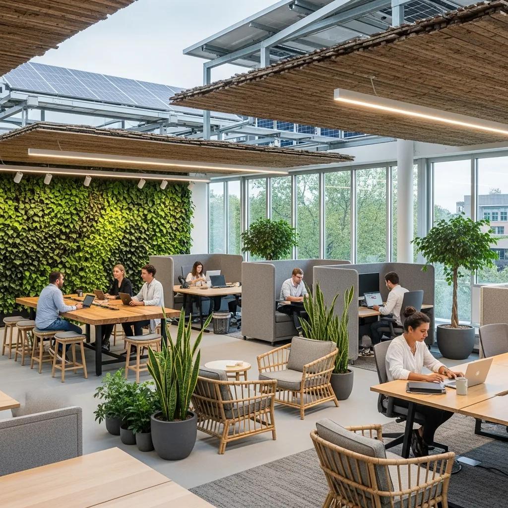 Sustainable office interior with biophilic design and shared work areas