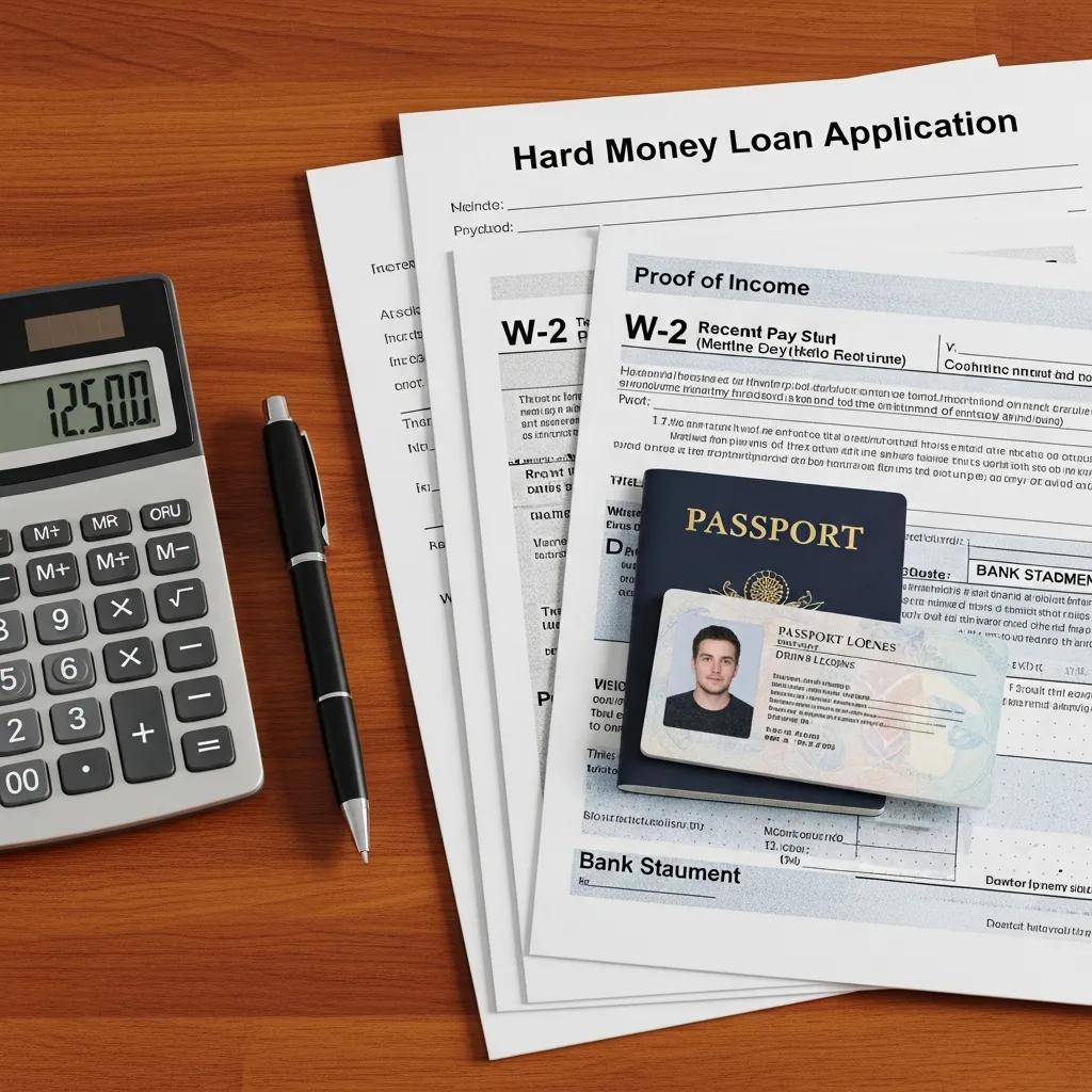 Organized stack of documents for a hard money loan application
