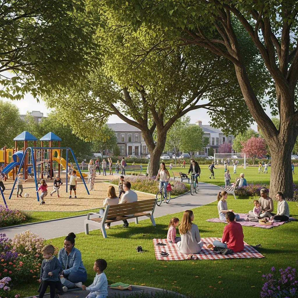 Families in a neighborhood park, illustrating how parks and schools increase the appeal of nearby properties