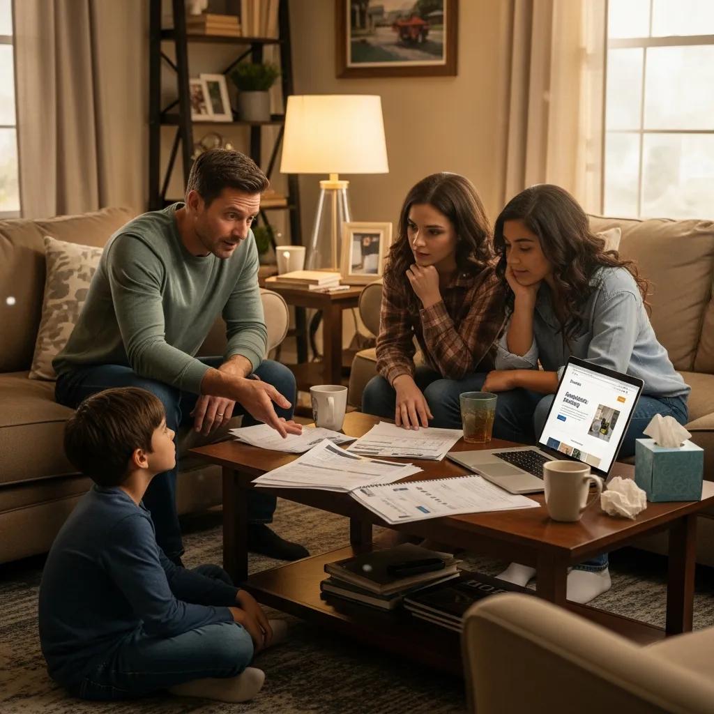 Family discussing home repairs with financial documents after a natural disaster