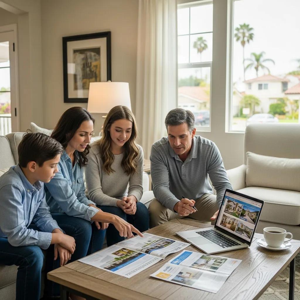 Family discussing real estate investment in a cozy living room with property brochures and a laptop