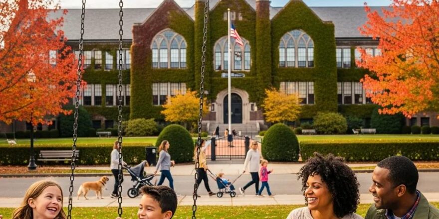 Family enjoying a community park near a quality school, highlighting the relationship between schools and property values