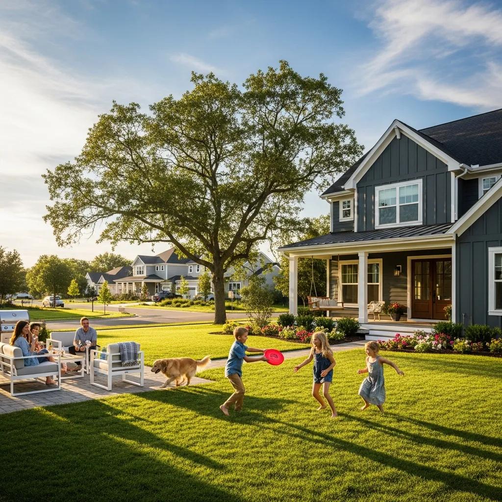 Family in a suburban yard, reflecting the move toward more space and outdoor living
