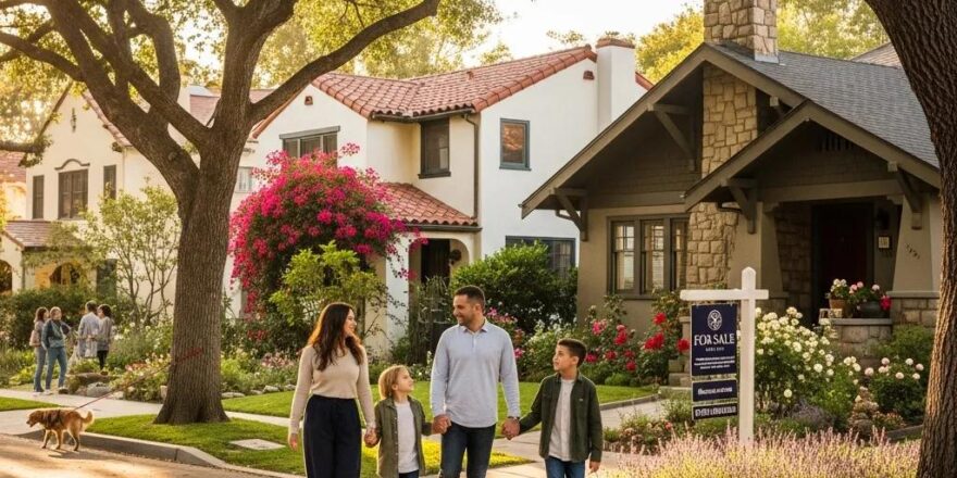 Family exploring a Glendale neighborhood with charming homes and tree-lined streets